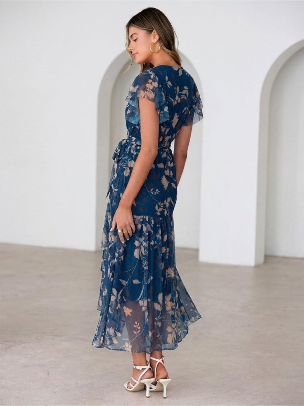 Women's Blue Ink Short Sleeve V Neck Imported Casual Mesh Floral Maxi Dress - Picture 6 of 7